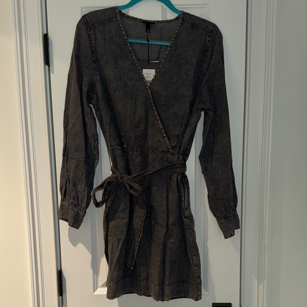 Who What Wear Washed Black Long Sleeve Wrap Mini Dress